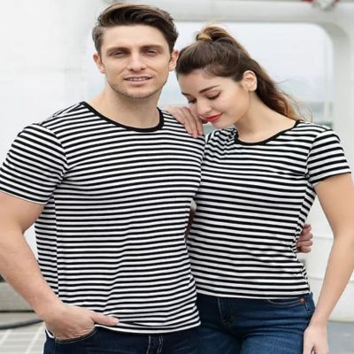 Sustainable White And Black Strip Lovers T-shirt Wholesale
